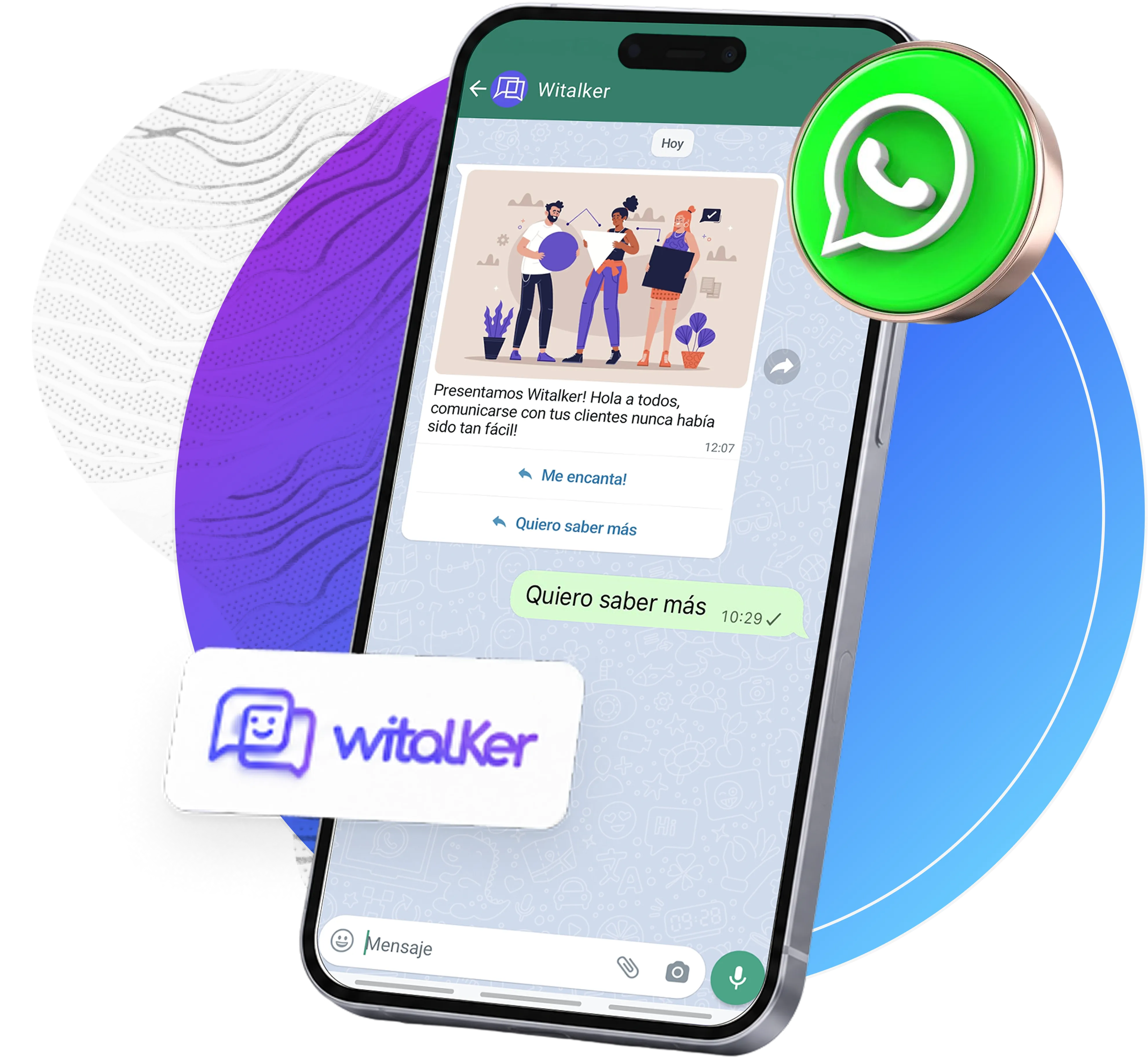 Mockup de la app Witalker mostrando una conversación de WhatsApp
