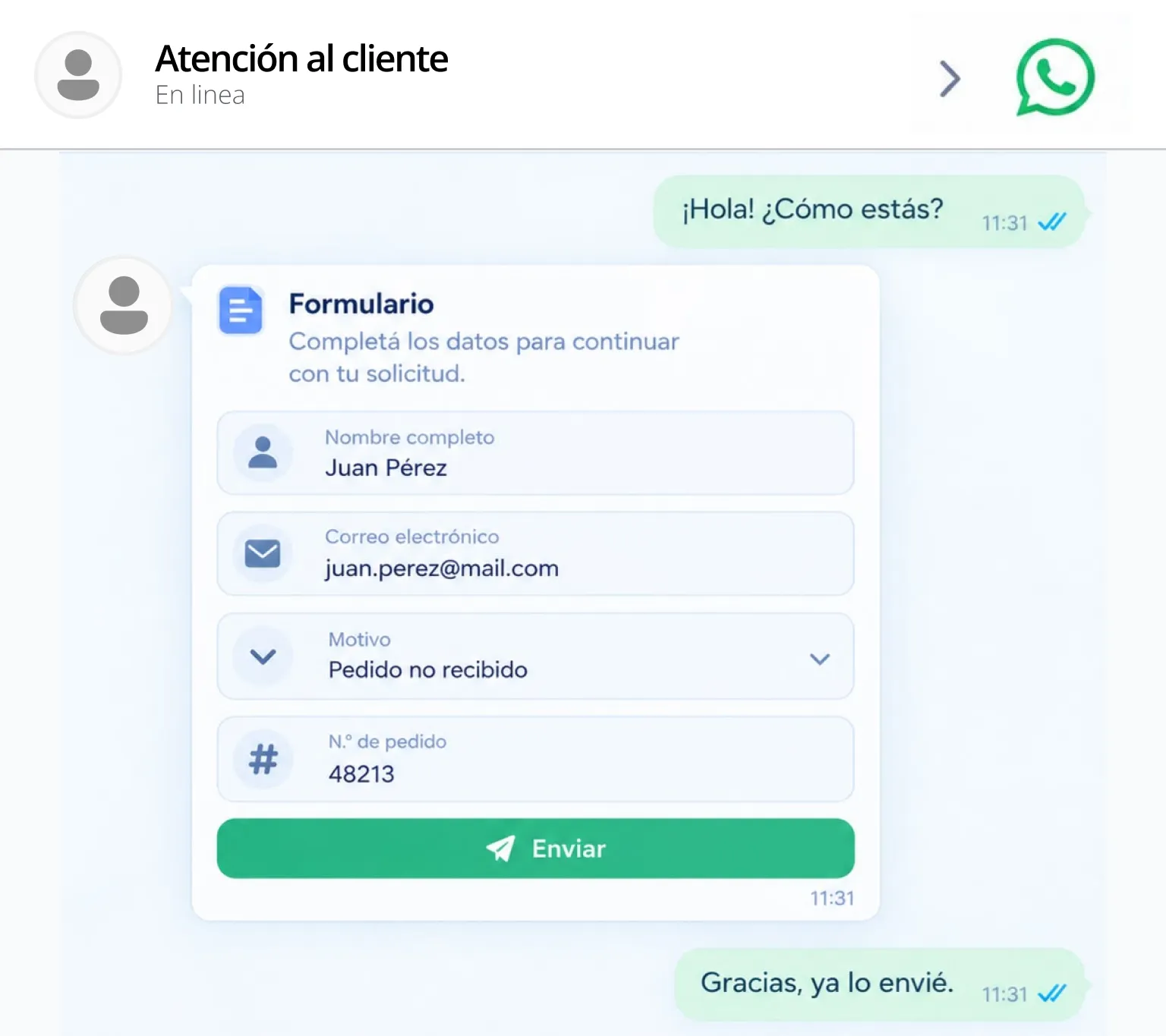 La misma conversación resuelta con un único formulario de WitAsk