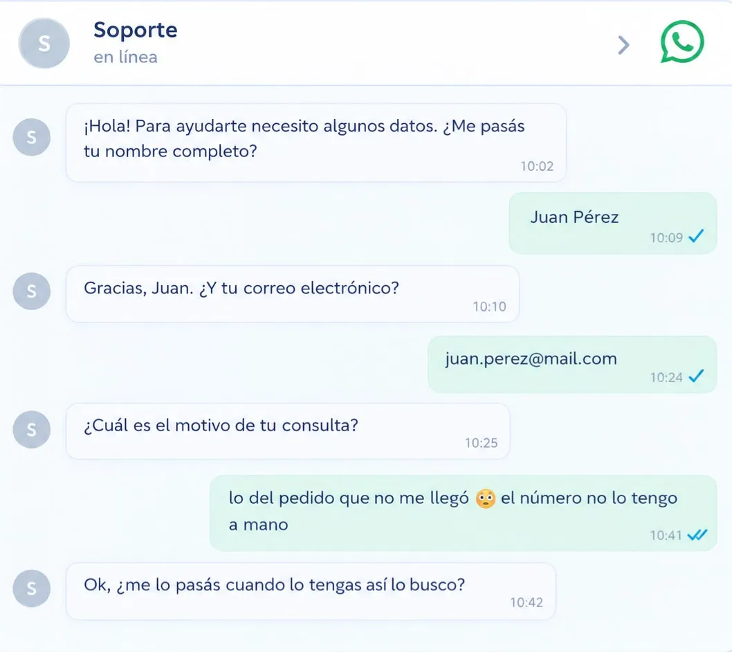 Conversación de WhatsApp donde el agente pide los datos de a uno